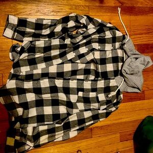 Black and white flannel with hood and strings chest pocket and button up